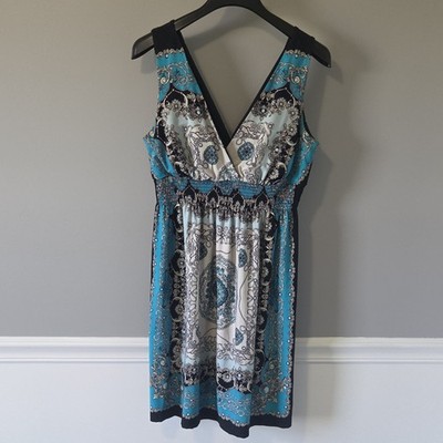 Valerie Bertinelli Blue Black Bandana Print Sleeveless V-Neck  Dress 12 Padded