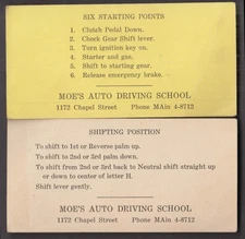 Moe's Driving School New Haven pair of instruction reminder cards 1950s CT