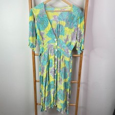 Faithfull The Brand Dress Womens 2 Yellow Green Rafa Floral Puff Sleeve Midi