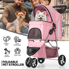 Pink Foldable Dog Stroller Small Medium Pet Travel Cage Carrier Cart w/Sunshade
