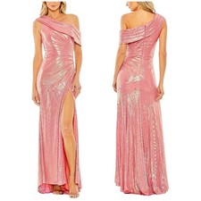 Mac Duggal NWT Off The Shoulder Ruched Waist Slit Metallic Gown Pink Size 16