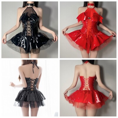 Sexy Women Devil Halloween Costume Shiny Dress PVC Leather Tutu Dresses  Clubwear | eBay