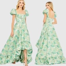 NWT MAC DUGGAL 68276 Floral Brocade Evening Gown Size 14 Puff Sleeve Green Gold