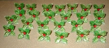 25 Green Holly Poinsettia red Pin Centers bulbs Vintage Ceramic Christmas Tree