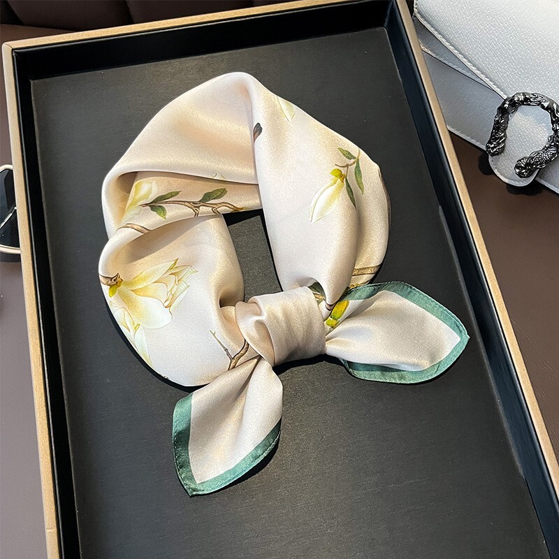 100% Mulberry Silk 21-Inch Floral Beige Scarf for Women Wrap or Bandana
