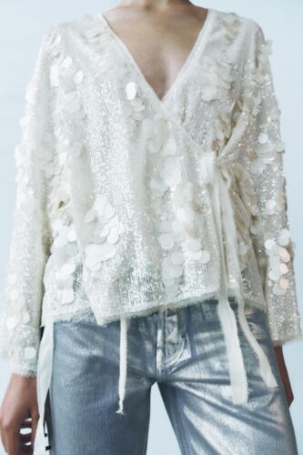 ZARA ZW COLLECTION SEQUINNED KIMONO CREAM SPARKLE TOP CARDIGAN XS/S - Picture 3 of 20