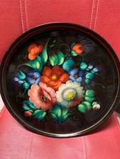 VINTAGE russisches UDSSR Serviertablett, h&auml;ndisch floral bemalt, D 32 cm