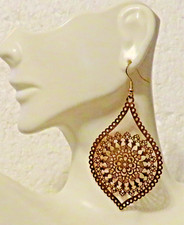 Rose Gold Plated Delicate Filigree Teardrop Earrings 2.75" Dangle