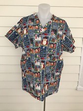 Christmas Scrub Top Medium Nurse Medical Peaches Uniform Blue Pockets Holidays