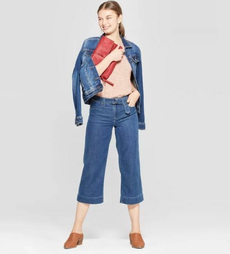 Women's High-Rise Side Belted Wide Leg Crop Jeans-Universal Thread-Medium Wash 6 - Picture 3 of 5