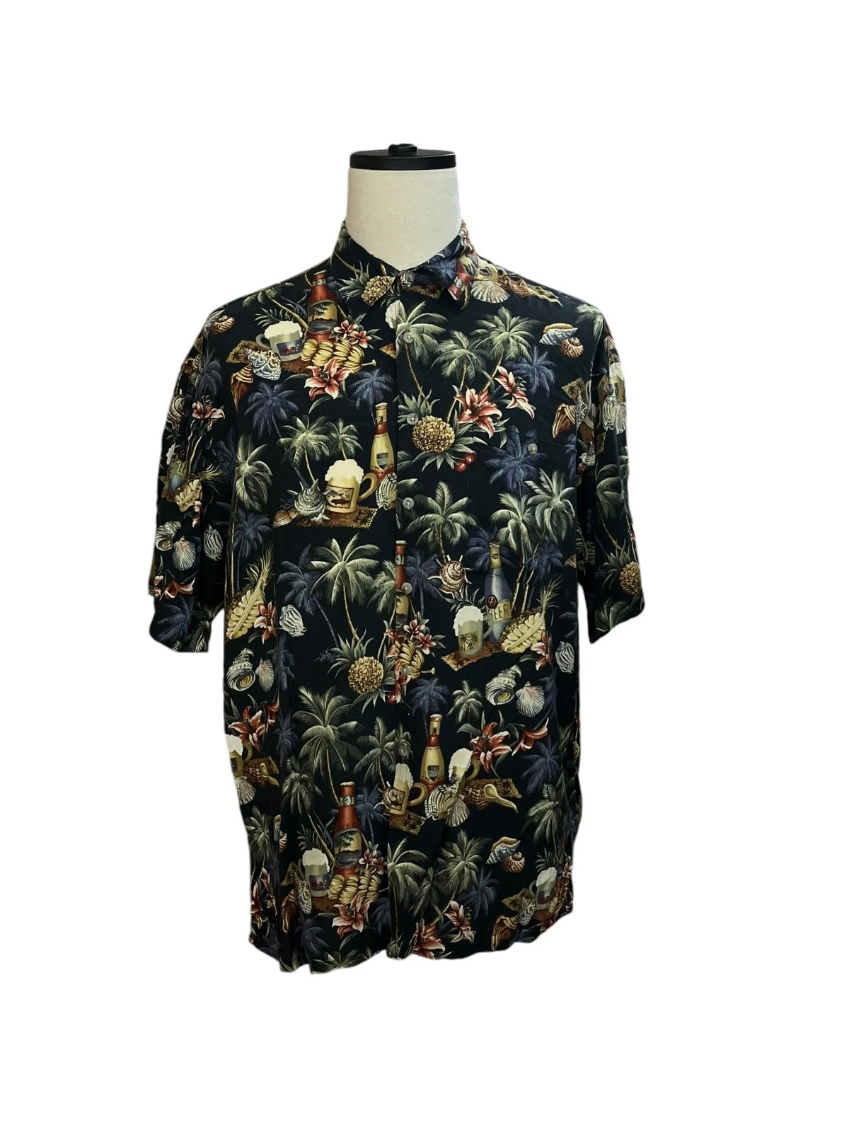 Van Heusen Hawaiian Shirt Mens XL Beer Seashells Palm Tree Short Sleeve Collar