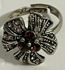 Ring Silver Flower Floral Design Purple Stone Adjustable Band