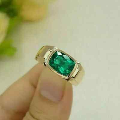 2Ct Cushion Cut Lab Created Emerald Solitaire Men's Ring 14k Yellow Gold Plated