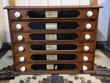 Antique Spool Cabinet Wood  6 Drawer Box 25"×17"×19" Porcelain Knobs J. P. Coats
