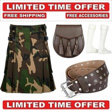 Army Camo Utility Kilt for Men with Free Sporran, Belt  Socks Tactical Scottish