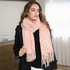 Plaid Checkered Pattern Soft Winter Scarf Wrap with Fringe Ends for Women Pink