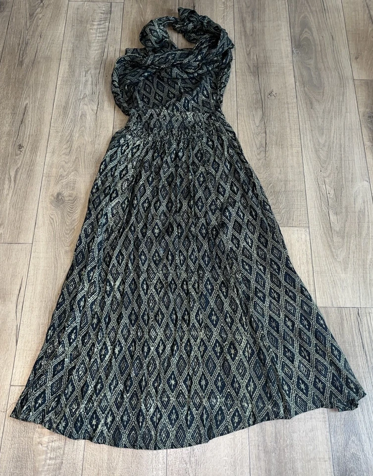 Noa Noa 长款 Maxi 印花连衣裙,裹身上衣绿色和黑色人造丝中号 DD118 — 第 2/4 张图片