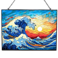 HYPESTYLE Rectangle Ocean Wave Suncatcher Stained Glass Window Hanging Handmade