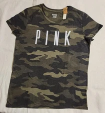 Victoria's Secret PINK Camo Camouflage Logo Tshirt Short Sleeve Cotton Blend XL