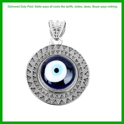 Round Natural Blue Color Evil Eye 925 Sterling Silver Handmade Vintage Pendant