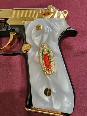 White Pearlite Beretta Virgen De Guadalupe 24k Gold Plated 92FS 96FS M9 Grips