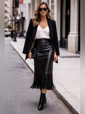 G-III Woman  s VINTAGE Fringe Black Leather High Waist Skirt 11/12