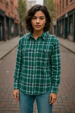 90s Grunge Plaid Flannel Shirt Womens L Green Blue Soft Button Front Fall