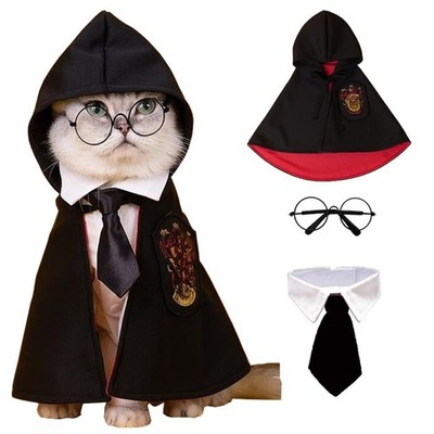 ANIAC 3PCS Halloween Dog Costume Cat Wizard Cape Glasses and Large, Black+Red 