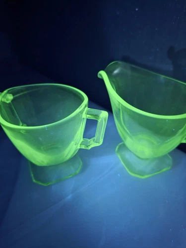 Vintage Uranium Glass Cream and Sugar Set Footed Green Depression