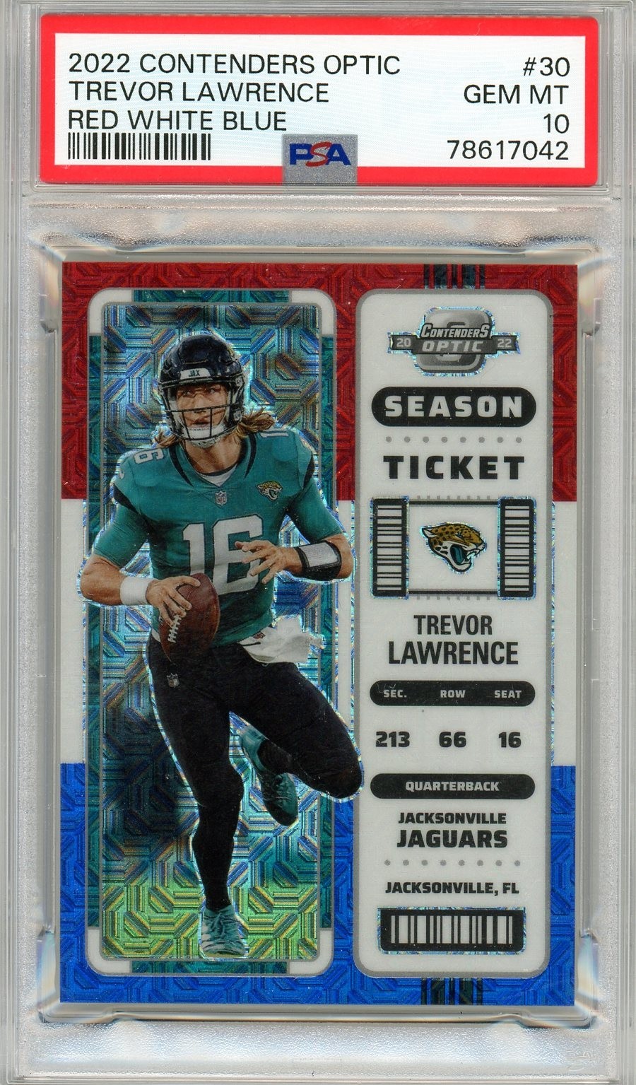 2022 Contenders Optic Trevor Lawrence Red/ White/Blue (7/13) #30 PSA 10