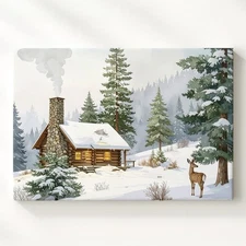 Deer & Cabin Winter Canvas Cozy Woodland Retreat In Snowy Pines Stillness Wall