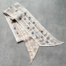 Auth CHANEL Silk Scarf Headband Beige White Coco Mark Icon Unisex Designer