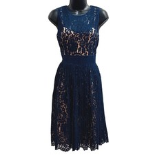 Eliza J Navy Blue Floral Lace Pleated Fit and Flare Dress Size 6 Wedding Guest