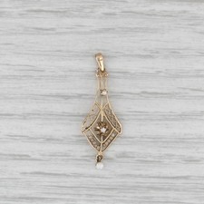 Vintage Cultured Pearl Diamond Lavalier Pendant 10k Yellow Gold Art Deco