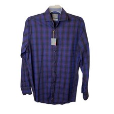 Thomas Dean Dress Shirt Mens Large Long Sleeve Flip Cuffs Purple Plaid NWT New