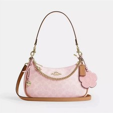NWT Coach Teri Shoulder Bag Signature Canvas With Charms Gold/Powder Pink CEA20