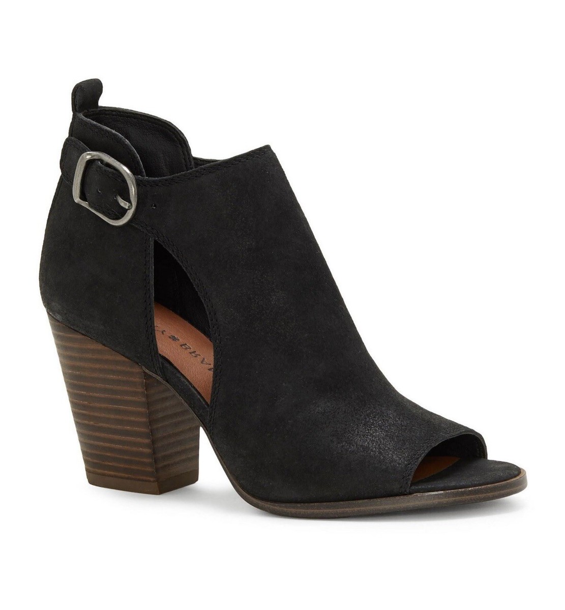 Lucky Brand Women's Oona Black Suede Stacked Heels Peep Toe