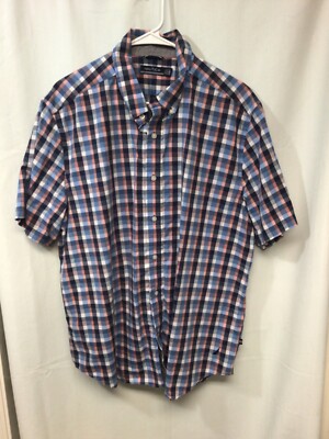 Nautica Blue Plaid XL Short Sleeve Cotton Blend Button Down Shirt B5
