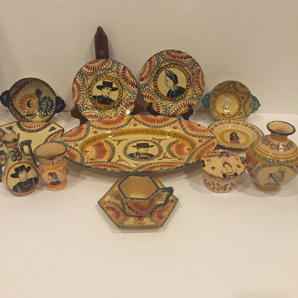 Rare Quimper Collection Corbeille Set Platter Plates Cup Sugar Bowl Creamer Vase - Image 2 of 4