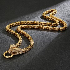 28" Cool Gold Tone lion Head Buckle Men Stainless Steel Byzantine Chain Necklace