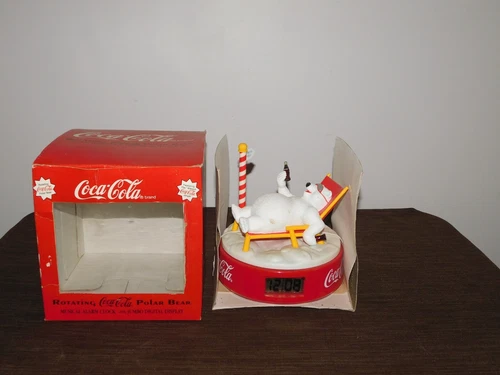 VINTAGE 1995 COCA COLA ROTATING POLAR BEAR MUSICAL ALARM CLOCK NEW in BOX