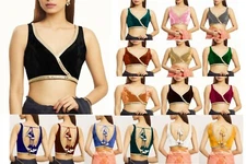Women Velvet Blouse Saree Stitched Blouses Crop Top Indian Sari Choli Lace Tops