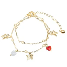 14k gold filled double row butterfly heart color stone anklet with extension