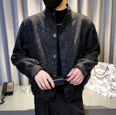 Men's Fashion Lapel Long Sleeve Loose Black Tweed Jacket Men's Fashion Lapel Long Sleeve Loose Black Tweed Jacket