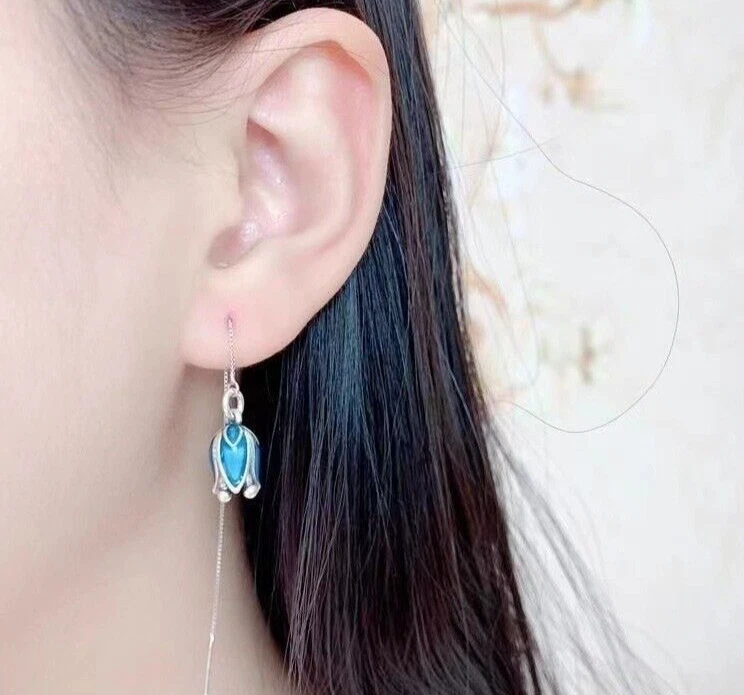 925 Silver Plated Enamel blue flower Earrings Tassel Dangle Drop Vintage Jewelry - Image 2 of 4