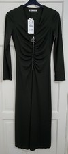 ZARA KHAKI GREEN V-NECK GATHERED FRONT LONG ZIPPED DRESS SIZE M BNWT