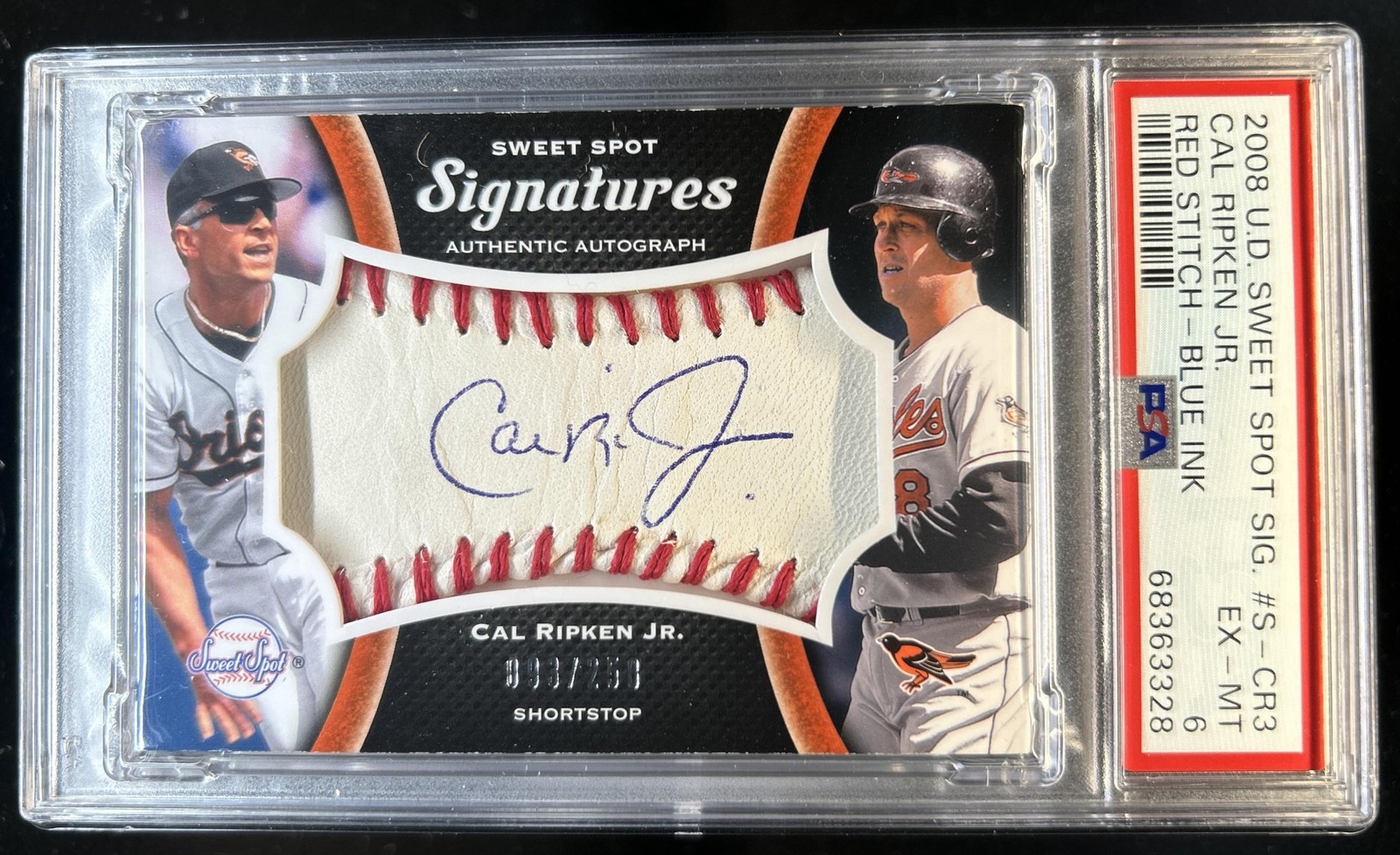 2008 Sweet Spot Cal Ripken Jr. Signatures Red Stitch Blue Ink Auto #/258 PSA 6