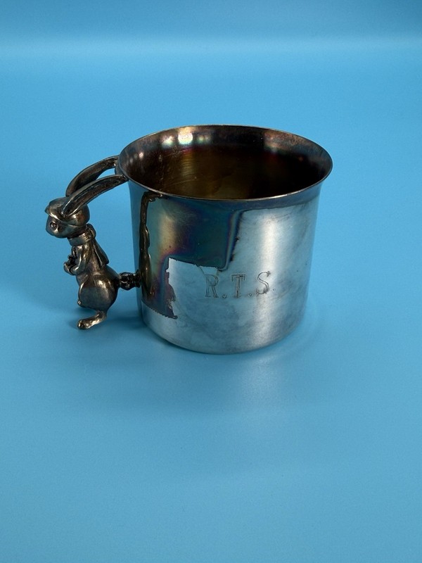 Vintage Reed Barton Silverplate Baby Cup Bunny Handle Engraved R.T.S Original
