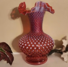 Vintage Fenton Cranberry Opalescent Hobnail Art Glass Vase Ruffled Edge Stunning