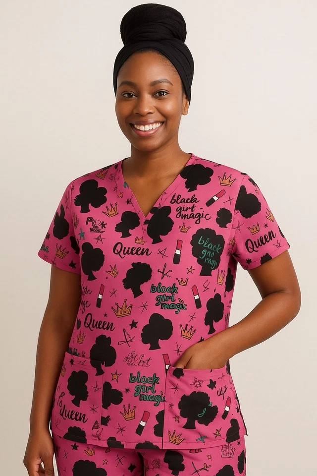 Samantha Mara Scrub Top Women’s Medium Y2K Black Girl Magic 4 Way Soft Stretch - Image 2 of 4